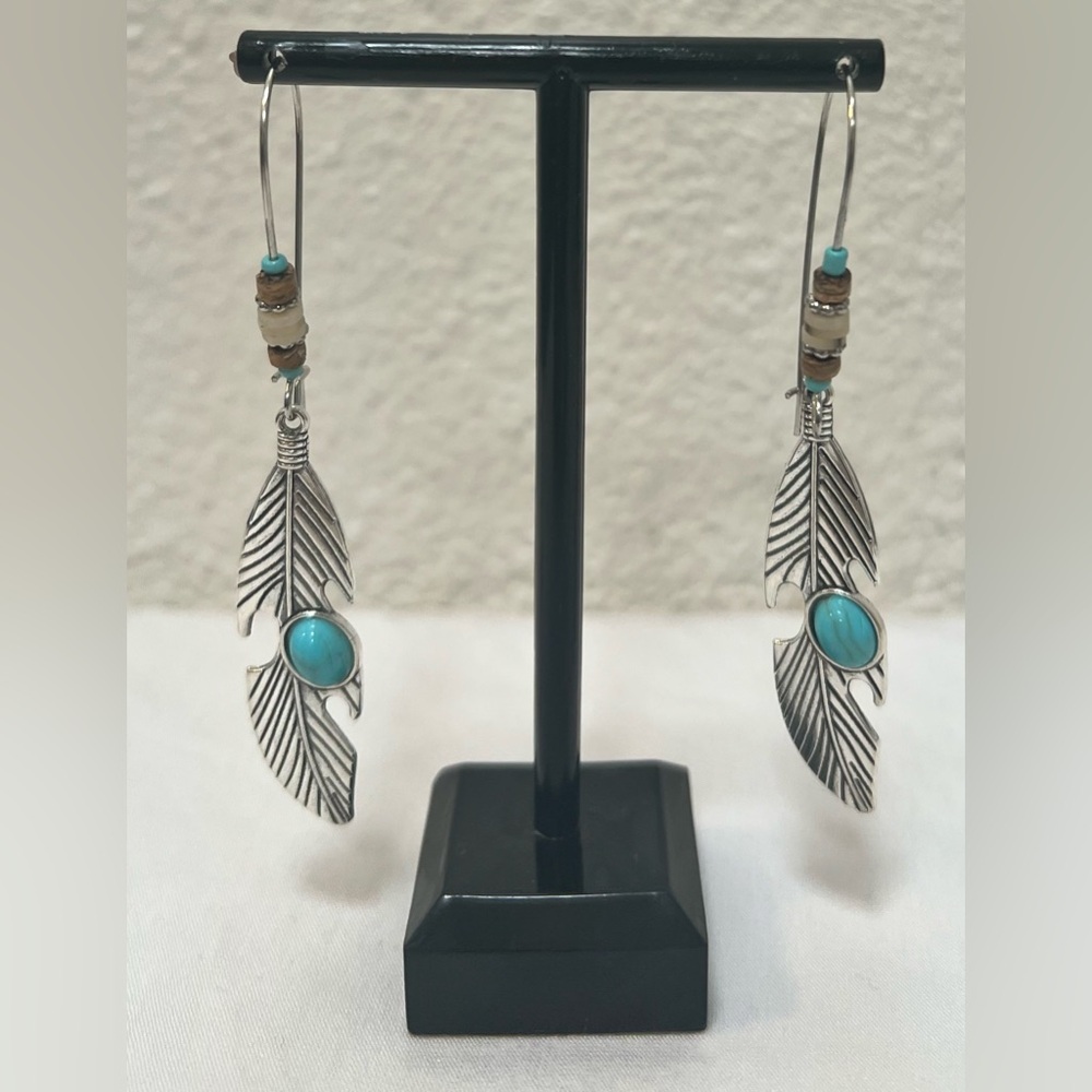 Silver Tone BoHo Feather Drop Dangle Earrings with Turquoise Accents